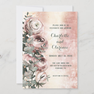 Invitación Boda de ranúnculo rosa sonrojado y oro rosa eucali
