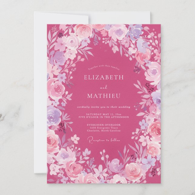 Invitación Boda de ranúnculo salvia fucsia (Anverso)