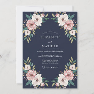 Invitación Boda de ranúnculo sonrosado eucalipto medianoche