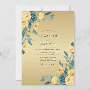 Invitación Boda de ranúnculo verde azulado y mostaza con euca