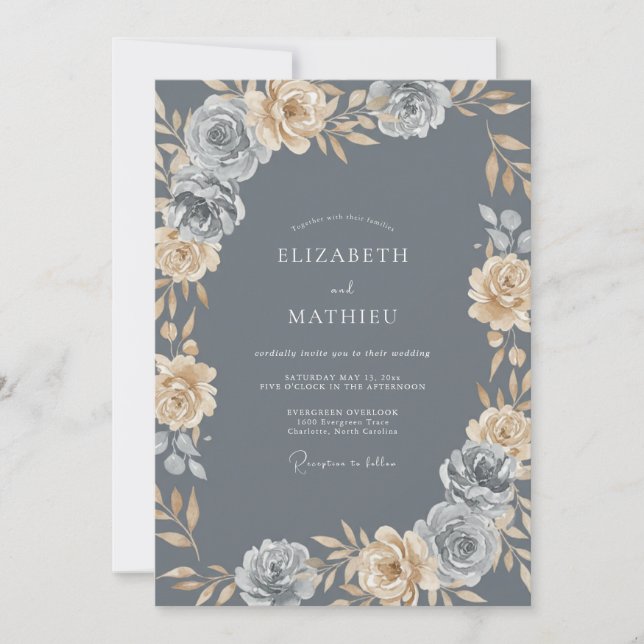 Invitación Boda de ranúnculos de champán pizarra y eucalipto (Anverso)