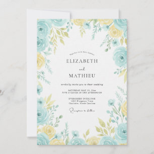 Invitación Boda de ranúnculos de eucalipto amarillo aqua