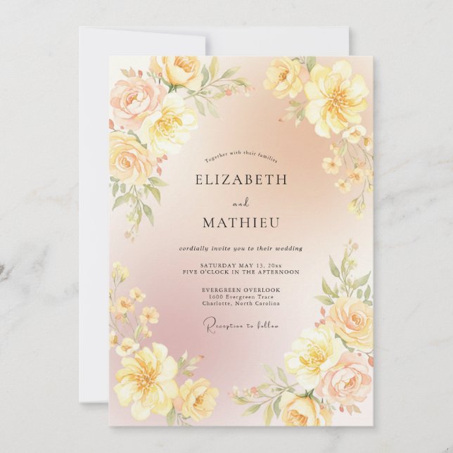 Invitación Boda de ranúnculos de eucalipto amarillo champán (Anverso)
