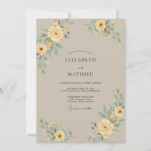 Invitación Boda de ranúnculos de eucalipto amarillo taupe