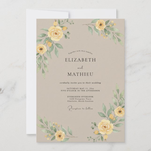 Invitación Boda de ranúnculos de eucalipto amarillo taupe (Anverso)