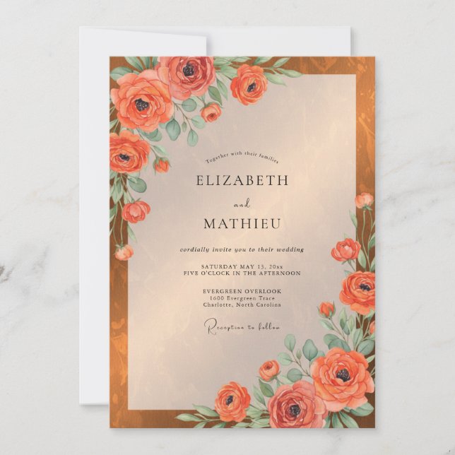Invitación Boda de ranúnculos de eucalipto ámbar (Anverso)