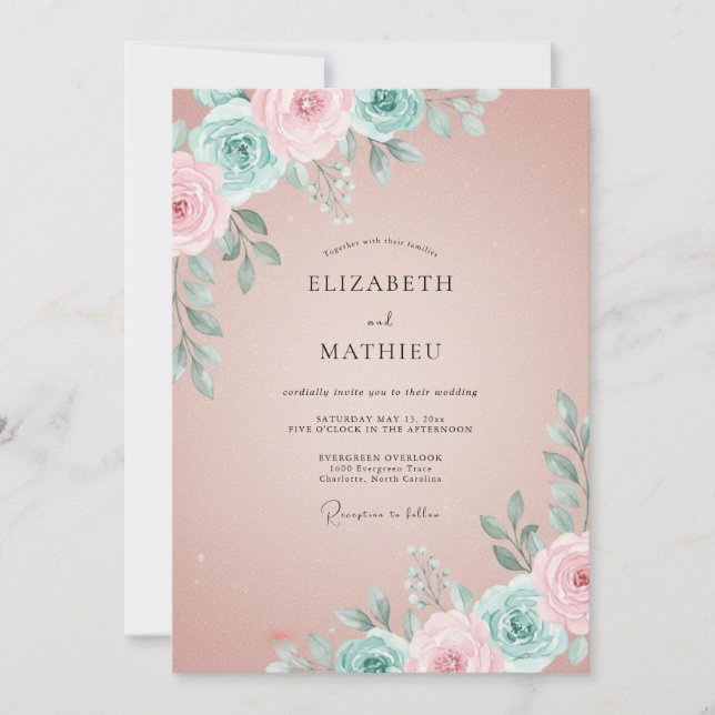 Invitación Boda de ranúnculos de eucalipto aqua malva (Anverso)