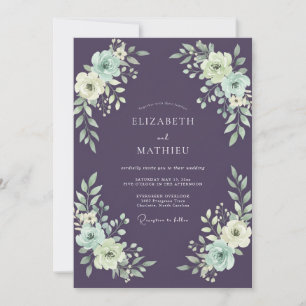 Invitación Boda de ranúnculos de eucalipto azul dusty ciruela