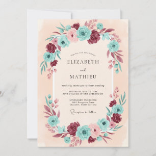 Invitación Boda de ranúnculos de eucalipto azul verde y borgo