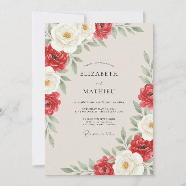 Invitación Boda de ranúnculos de eucalipto blanco carmesí (Anverso)