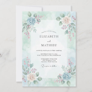 Invitación Boda de ranúnculos de eucalipto con champán celest