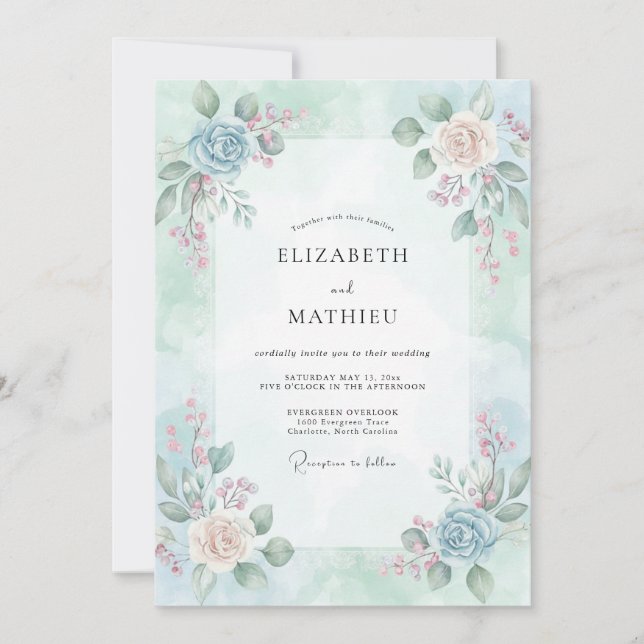 Invitación Boda de ranúnculos de eucalipto con champán celest (Anverso)