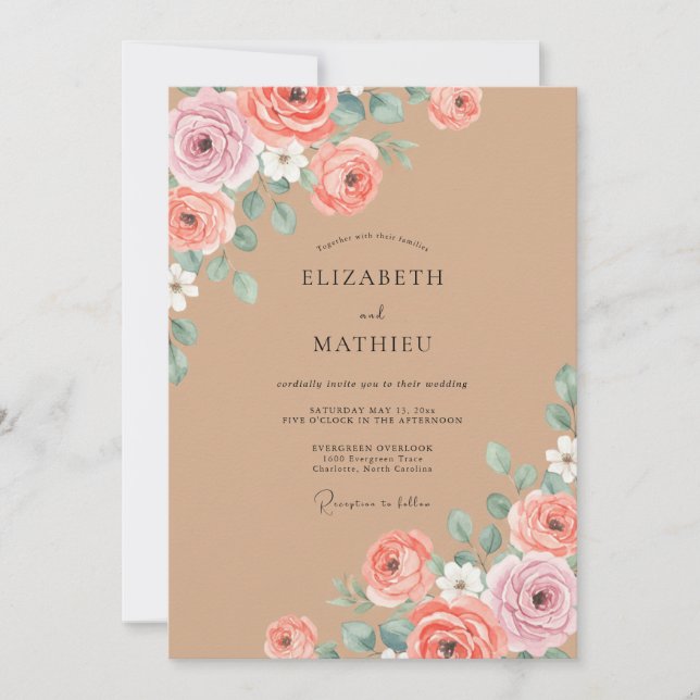 Invitación Boda de ranúnculos de eucalipto con rubor broncead (Anverso)