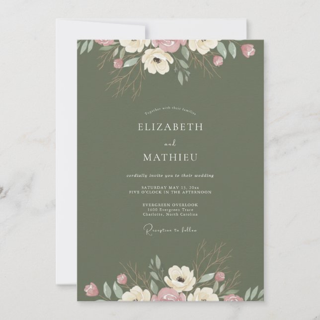 Invitación Boda de ranúnculos de eucalipto con rubor de oliva (Anverso)