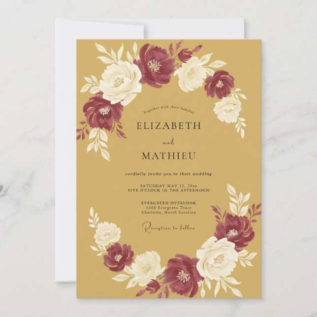 Invitación Boda de ranúnculos de eucalipto de Borgoña ocre (Anverso)