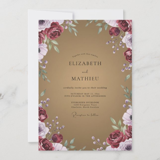 Invitación Boda de ranúnculos de eucalipto de oro de Borgoña (Anverso)