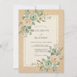 Invitación Boda de ranúnculos de eucalipto en teal y champán