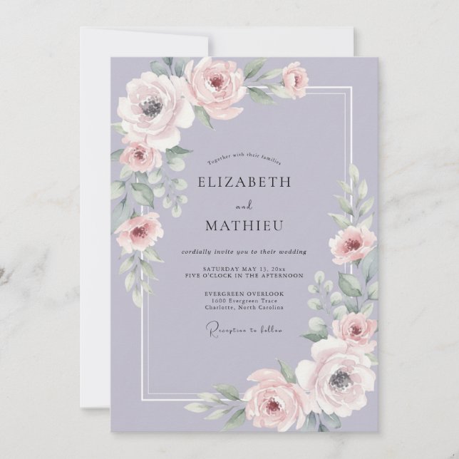 Invitación Boda de ranúnculos de eucalipto lavanda malva (Anverso)