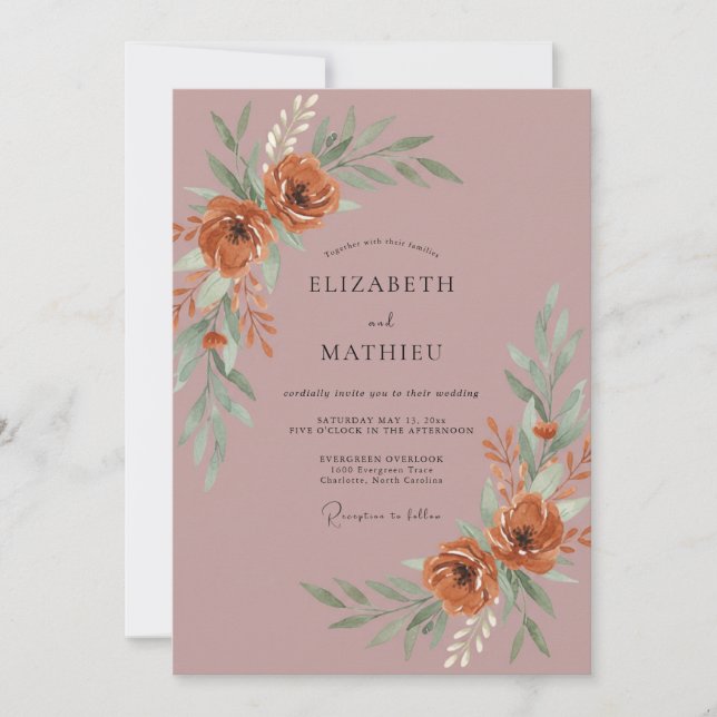 Invitación Boda de ranúnculos de eucalipto malva oxidado (Anverso)