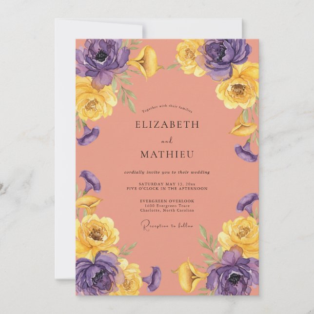 Invitación Boda de ranúnculos de eucalipto morado coral (Anverso)