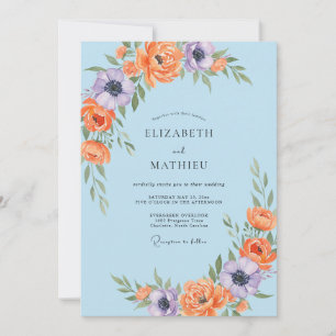 Invitación Boda de ranúnculos de eucalipto naranja cielo