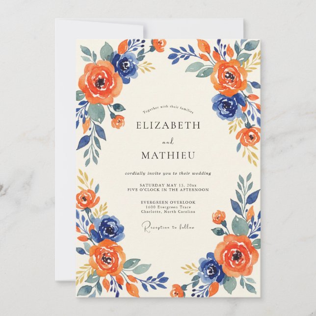 Invitación Boda de ranúnculos de eucalipto navy ámbar (Anverso)