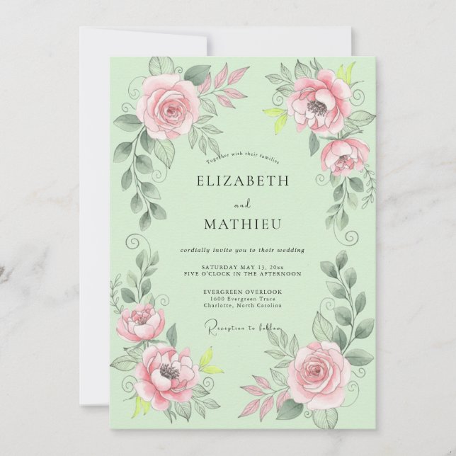 Invitación Boda de ranúnculos de eucalipto rosa menta (Anverso)