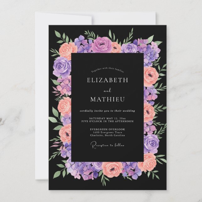 Invitación Boda de ranúnculos de eucalipto violeta melocotón (Anverso)