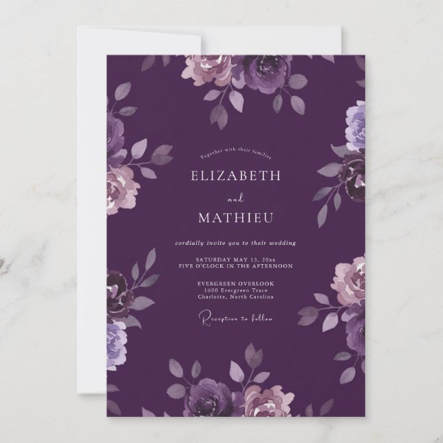 Invitación Boda de ranúnculos de eucalipto violeta profundo (Anverso)