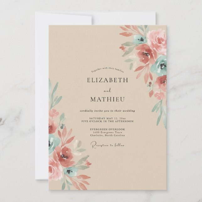 Invitación Boda de ranúnculos eucalipto champán malva (Anverso)
