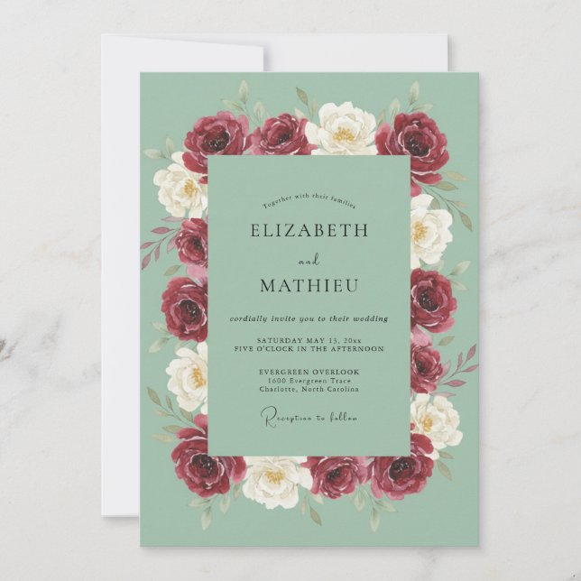Invitación Boda de ranúnculos granate con eucalipto y espuma  (Anverso)