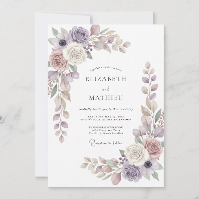Invitación Boda de ranúnculos lavanda y eucalipto (Anverso)