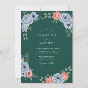 Invitación Boda de ranúnculos y eucalipto azul profundo