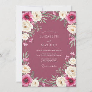 Invitación Boda de ranúnculos y eucalipto de color borgoña pr