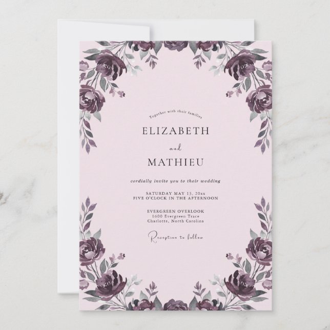 Invitación Boda de Ranunculus Ciruela con Follaje Suave de Eu (Anverso)