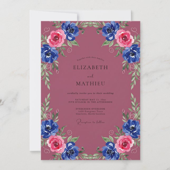 Invitación Boda de Ranunculus Cobalt Berry (Anverso)