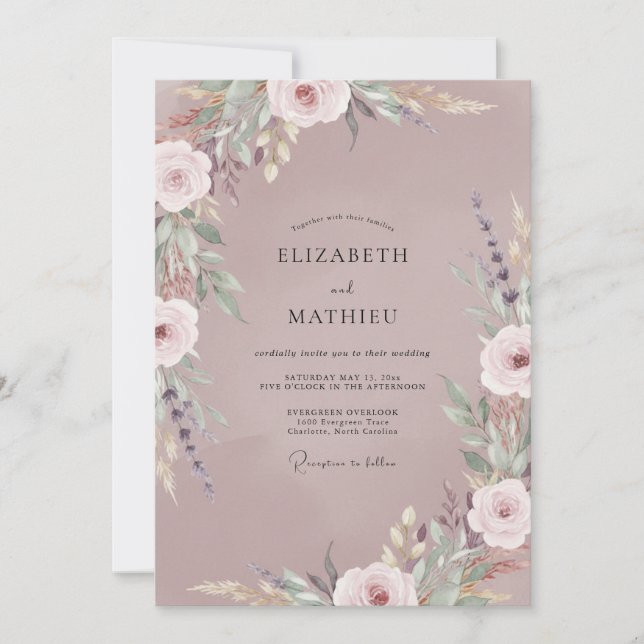 Invitación Boda de Ranunculus con Acuarela Malva (Anverso)