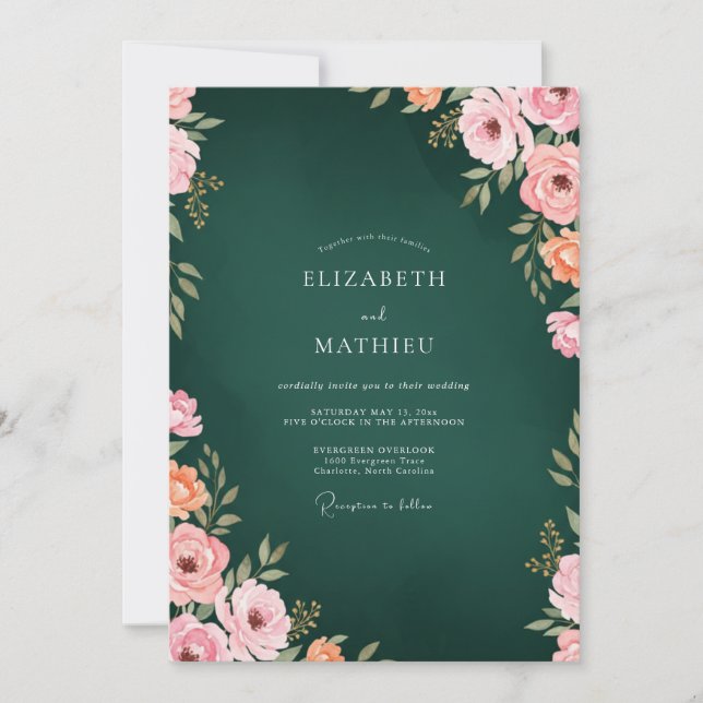 Invitación Boda de Ranunculus Coral Profundo Hunter Eucalipto (Anverso)
