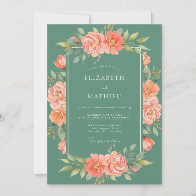 Invitación Boda de Ranunculus de Acuarela Coral (Anverso)