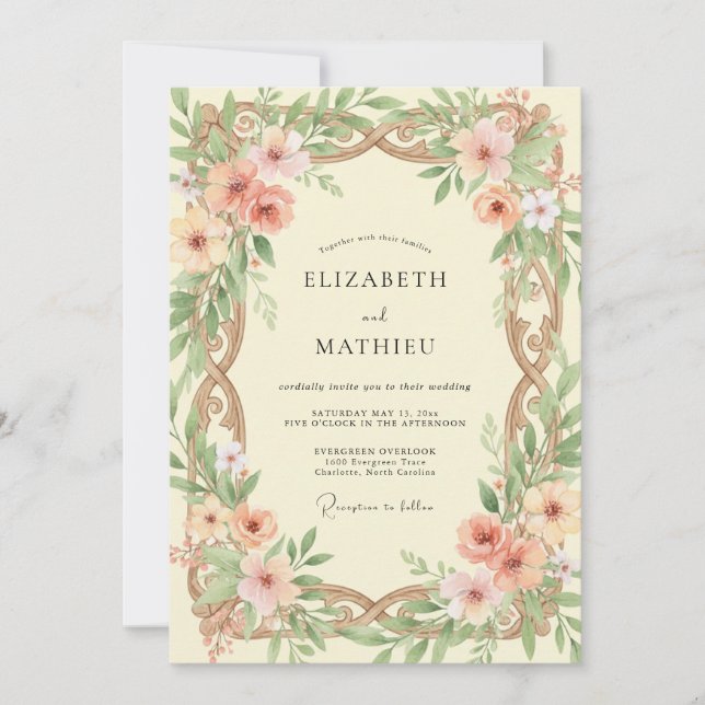 Invitación Boda de Ranunculus de Bronce Albaricoque y Eucalip (Anverso)