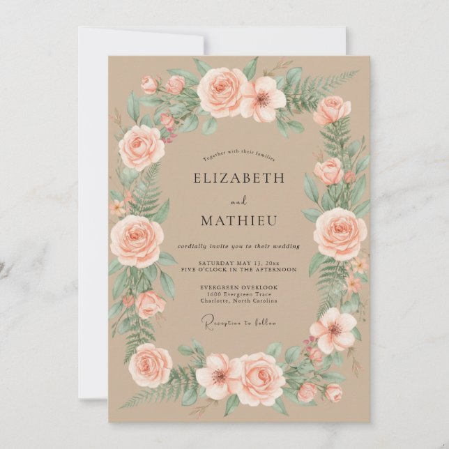 Invitación Boda de Ranunculus de Champán de Melocotón y Eucal (Anverso)