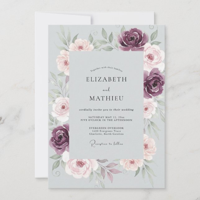 Invitación Boda de Ranunculus de Ciruela Pizarra y Eucalipto  (Anverso)