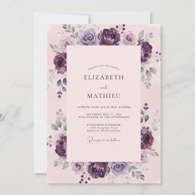 Invitación Boda de Ranunculus de Ciruela y Eucalipto (Anverso)