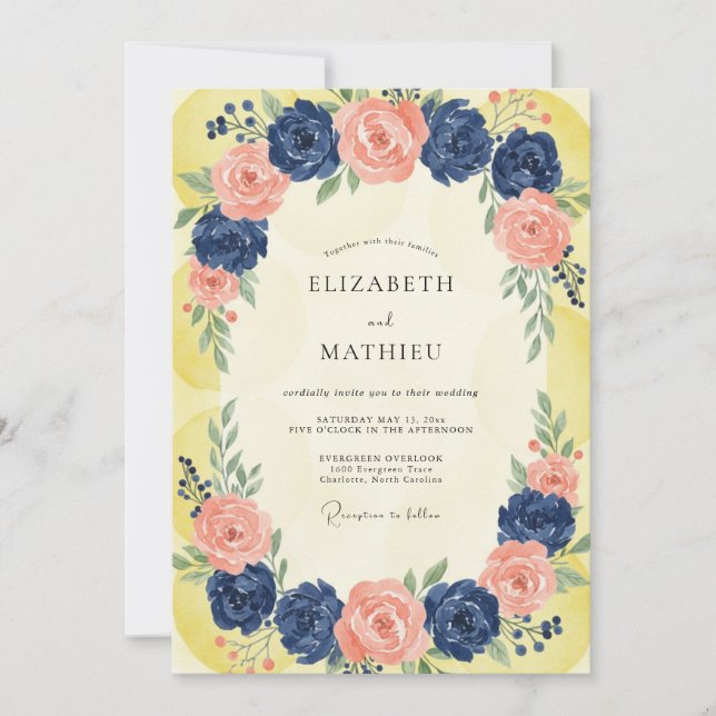 Invitación Boda de Ranunculus de Eucalipto Albaricoque Cobalt (Anverso)