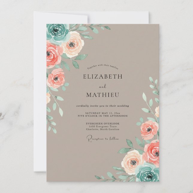 Invitación Boda de Ranunculus de Eucalipto Albaricoque Taupe (Anverso)