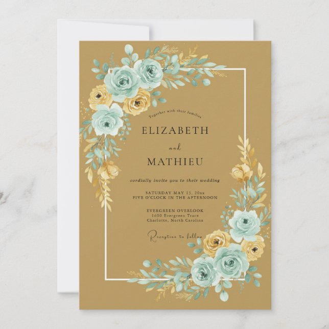 Invitación Boda de Ranunculus de Eucalipto Aqua Dorado (Anverso)
