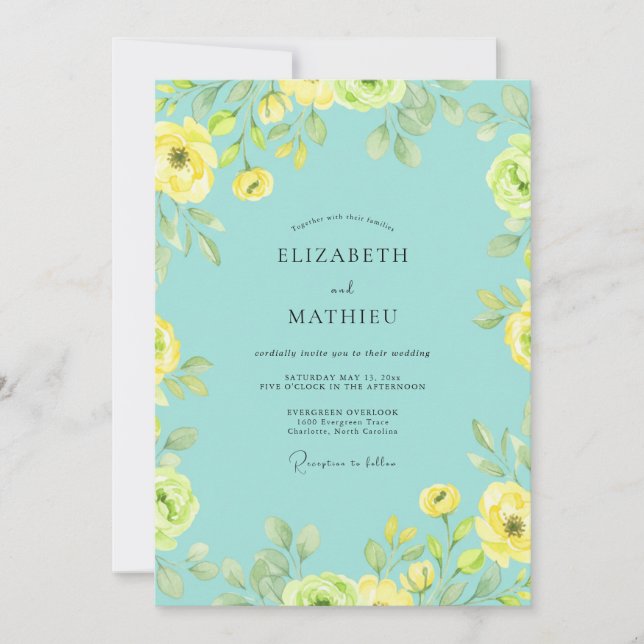 Invitación Boda de Ranunculus de Eucalipto Aqua Limón (Anverso)