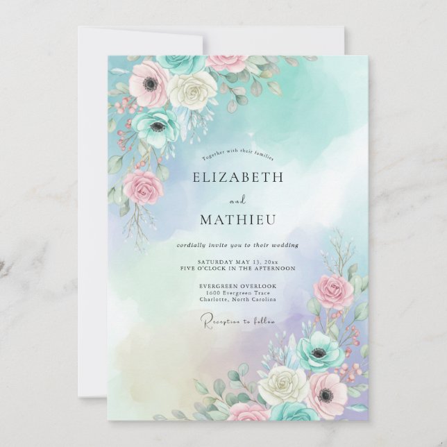 Invitación Boda de Ranunculus de Eucalipto Aqua Melocotón (Anverso)