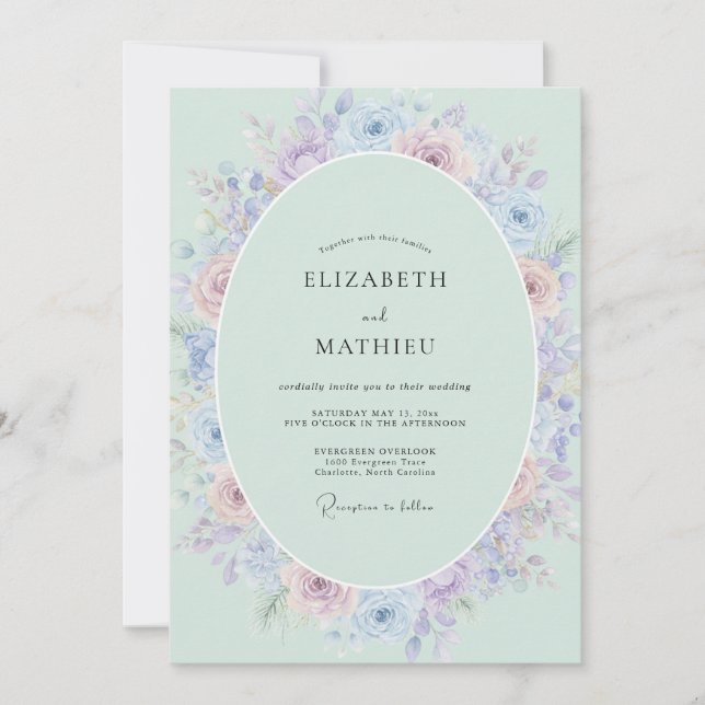 Invitación Boda de Ranunculus de Eucalipto Aqua Menta (Anverso)