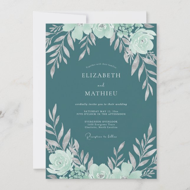Invitación Boda de Ranunculus de Eucalipto Aqua Oscuro (Anverso)